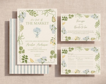 Fresh Off The Market Bridal Shower Invitation Suite, Farmers Market Wedding Shower, Recipe Cards, Blue Hydrangea, Editable Canva Template