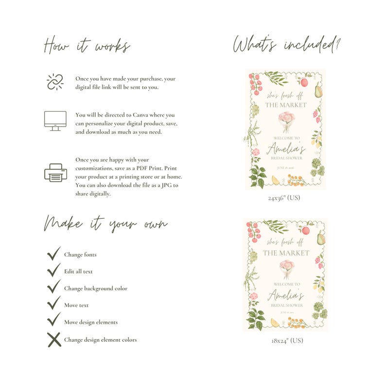 Peut inclure: Panneau num&eacute;rique pour une baby shower avec des illustrations florales et de fruits. Le panneau indique "she's fresh off the market" et "Welcome to Amelia's Bridal Shower." Comprend des options de tailles 61x91cm et 46x61cm. Instructions incluses.