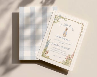 Peter Rabbit Inspired Baby Shower Invitation, A Little Bunny Blue Gingham Invite, Storybook Garden, Vintage Bunny, Editable Canva Template