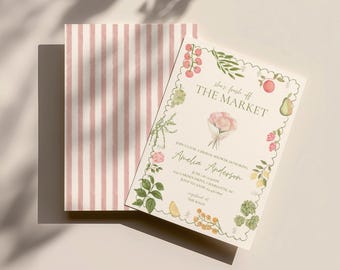 Fresh Off The Market Bridal Shower Invitation, Farmers Market Wedding Shower Invite, Garden Floral, Pink Stripe, Editable Canva Template
