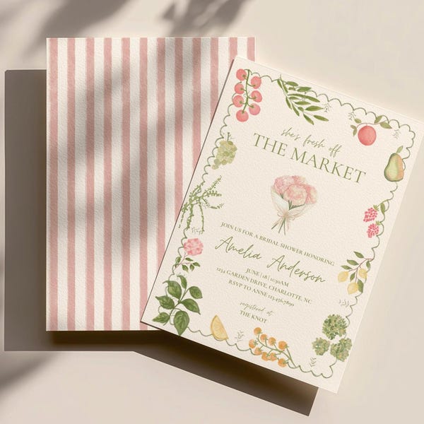 Fresh Off The Market Bridal Shower Invitation, Farmers Market Wedding Shower Invite, Pink Stripe Watercolor, Editable Canva Template