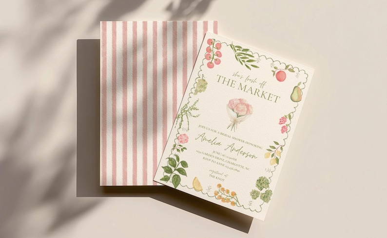 Fresh Off The Market Bridal Shower Invitation, Farmers Market Wedding Shower Invite, Pink Stripe Watercolor, Editable Canva Template