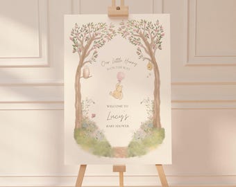 Classic Winnie-the-Pooh Baby Shower Welcome Sign, Our Little Hunny is on the way, Storybook Hundred Acre Wood, Editable Canva Template