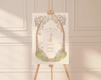 Our Little Hunny Baby Shower Welcome Sign, Classic Winnie the Pooh Inspired Poster, Storybook Hundred Acre Wood, Editable Canva Template