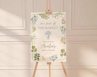 Fresh Off The Market Bridal Shower Welcome Sign, Farmers Market Wedding Shower, Blue Hydrangea Lemon Watercolor, Editable Canva Template
