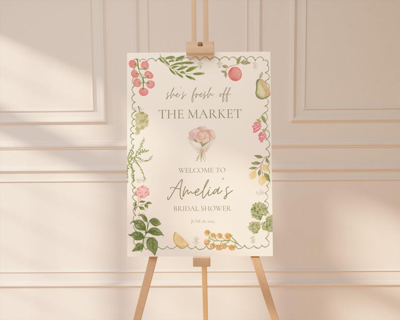 Fresh Off The Market Bridal Shower Welcome Sign, Farmers Market Wedding Shower, Pink Stripe Watercolor, Editable Canva Template