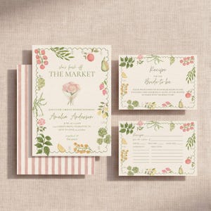 Fresh Off The Market Bridal Shower Invitation Suite, Farmers Market Wedding Shower, Recipe Cards, Pink Stripe, Editable Canva Template