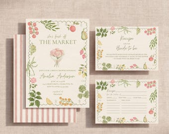 Fresh Off The Market Bridal Shower Invitation Suite, Farmers Market Wedding Shower, Recipe Cards, Pink Stripe, Editable Canva Template