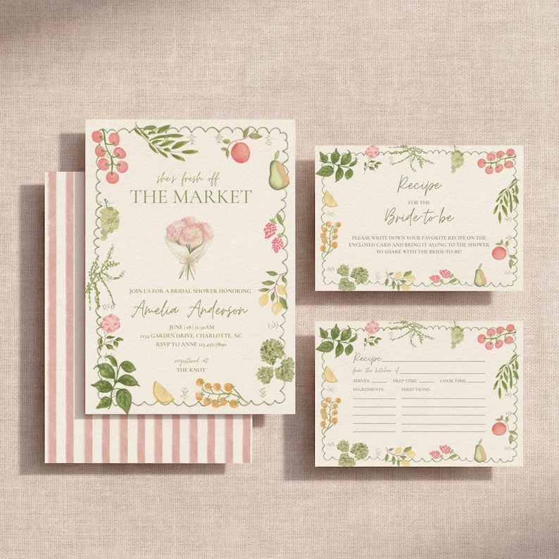 Fresh Off The Market Bridal Shower Invitation Suite, Farmers Market Wedding Shower, Recipe Cards, Pink Stripe, Editable Canva Template