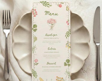 Fresh Off The Market Bridal Shower Menu, Farmers Market Wedding Shower, Hand Drawn Watercolor Editable Canva Template
