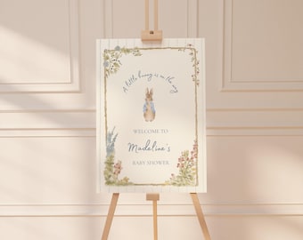 Peter Rabbit Inspired Baby Shower Welcome Sign, A Little Bunny Blue Gingham Invite, Storybook Garden, Vintage Bunny, Editable Canva Template