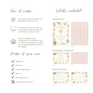 May include: Digital invitation and recipe card set with floral and botanical illustrations. The invitation is 5x7 inches, and the recipe cards are 3.5x5 inches. The design includes text that can be edited, with options to change fonts, colors, and design elements.