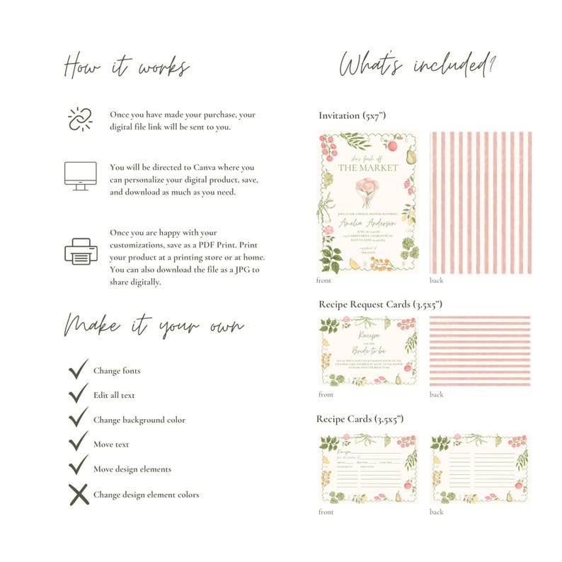 May include: Digital invitation and recipe card set with floral and botanical illustrations. The invitation is 5x7 inches, and the recipe cards are 3.5x5 inches. The design includes text that can be edited, with options to change fonts, colors, and design elements.