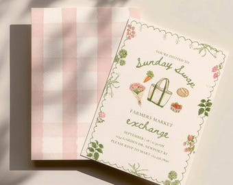 Sunday Swap Invitation Template, Farmers Market Theme Exchange Party Invite, Gingham Floral, Editable Canva Template, Digital Design