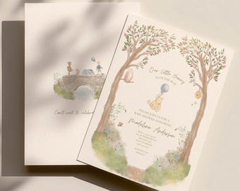 Classic Winnie-the-Pooh Baby Shower Invitation, Our Little Hunny is on the way, Storybook Hundred Acre Wood, Editable Canva Template
