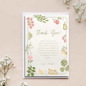 Plantilla de tarjeta de agradecimiento para despedida de soltera recién salida del mercado / Tarjeta de agradecimiento editable, dibujada a mano, para despedida de soltera en el mercado de agricultores