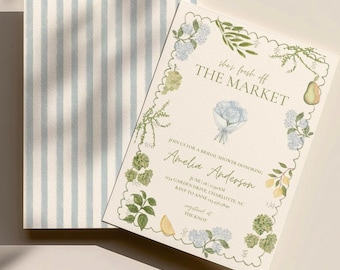 Fresh Off The Market Bridal Shower Invitation, Farmers Market Wedding Shower Invite, Blue Flower Stripe Watercolor, Editable Canva Template