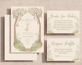Classic Winnie-the-Pooh Baby Shower Invitation Suite, Our Little Hunny is on the way, Storybook Hundred Acre Wood, Editable Canva Template