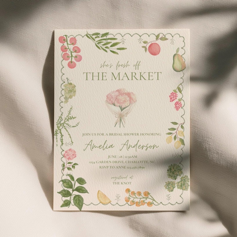 Fresh Off The Market Bridal Shower Invitation, Farmers Market Wedding Shower Invite, Pink Stripe Watercolor, Editable Canva Template
