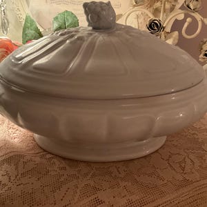 Vintage White Ironstone Oval Compote  Serving Bowl Fruit Bowl or Collectible with Lid  Farmhouse Shabby Cottage  9”x 13” Nice Old Ironstone