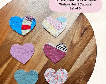 Set of 6 Vintage Appliqué Quilt Hearts | Hand Cut Primitive Fabric Hearts | Raw Edge Quilt Pieces | Craft Supply