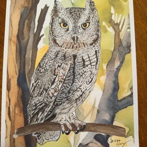 May include: Watercolor painting of an owl perched on a branch. The owl has gray and brown feathers with yellow eyes. The background is a watercolor wash of green and yellow.
