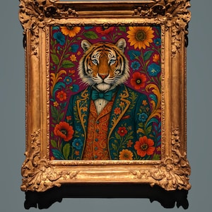 Dapper Tiger Portrait Print: Maximalist Jungle Animal Art (Digital Download)