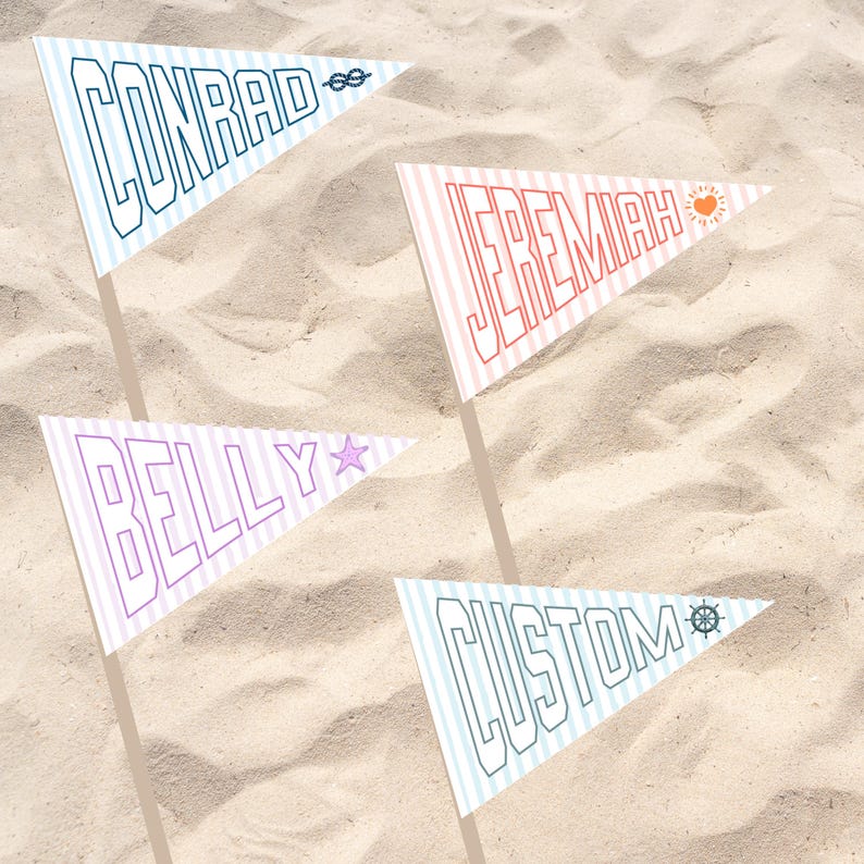 May include: Four triangular pennant flags with names and designs on a sandy background. The flags read "Conrad", "Jeremiah", "Belly", and "Custom". Each flag has a different color scheme and design, including stripes, a star, a sun, a ship's wheel, and a nautical knot.