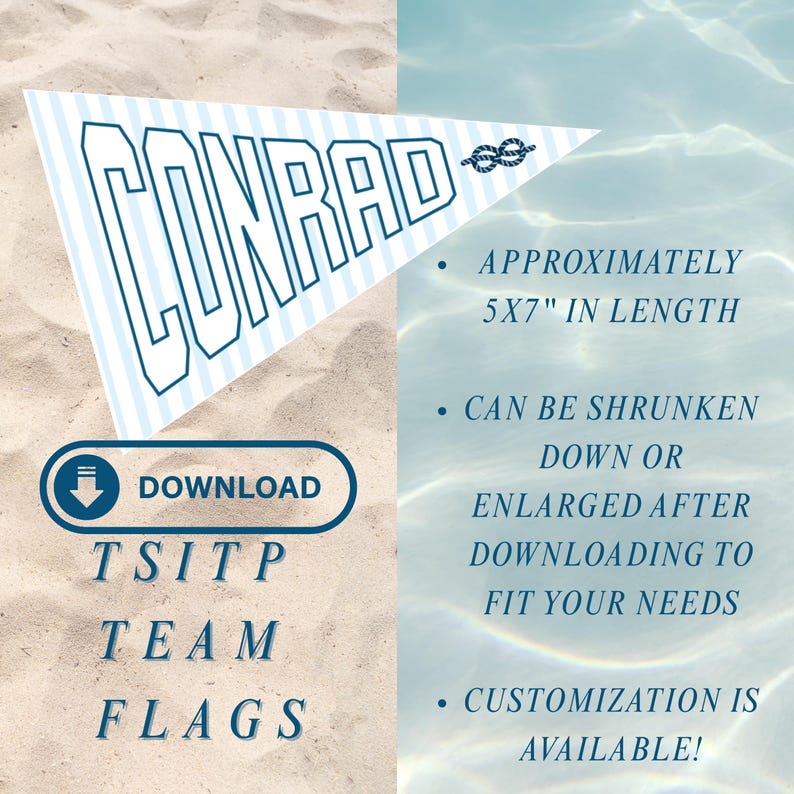 May include: A triangular flag design with the name "CONRAD" in bold, outlined letters. The flag has a light blue and white striped pattern and a nautical knot graphic. The text "TSITP TEAM FLAGS" is also present.