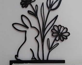 Påskdörrdekoration Linjekonst – Kanin med blommor | Minimalistisk påskdekoration - 3D-utskrift | Modern vårdekoration för dörrar, skåp, fönster