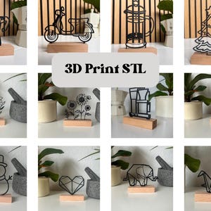 May include: A collection of black metal 3D-printed decorative objects, including a coffee maker, scooter, French press, Christmas tree, flowers, and more. Each object is mounted on a small wooden base. The text "3D Print STL" is displayed.