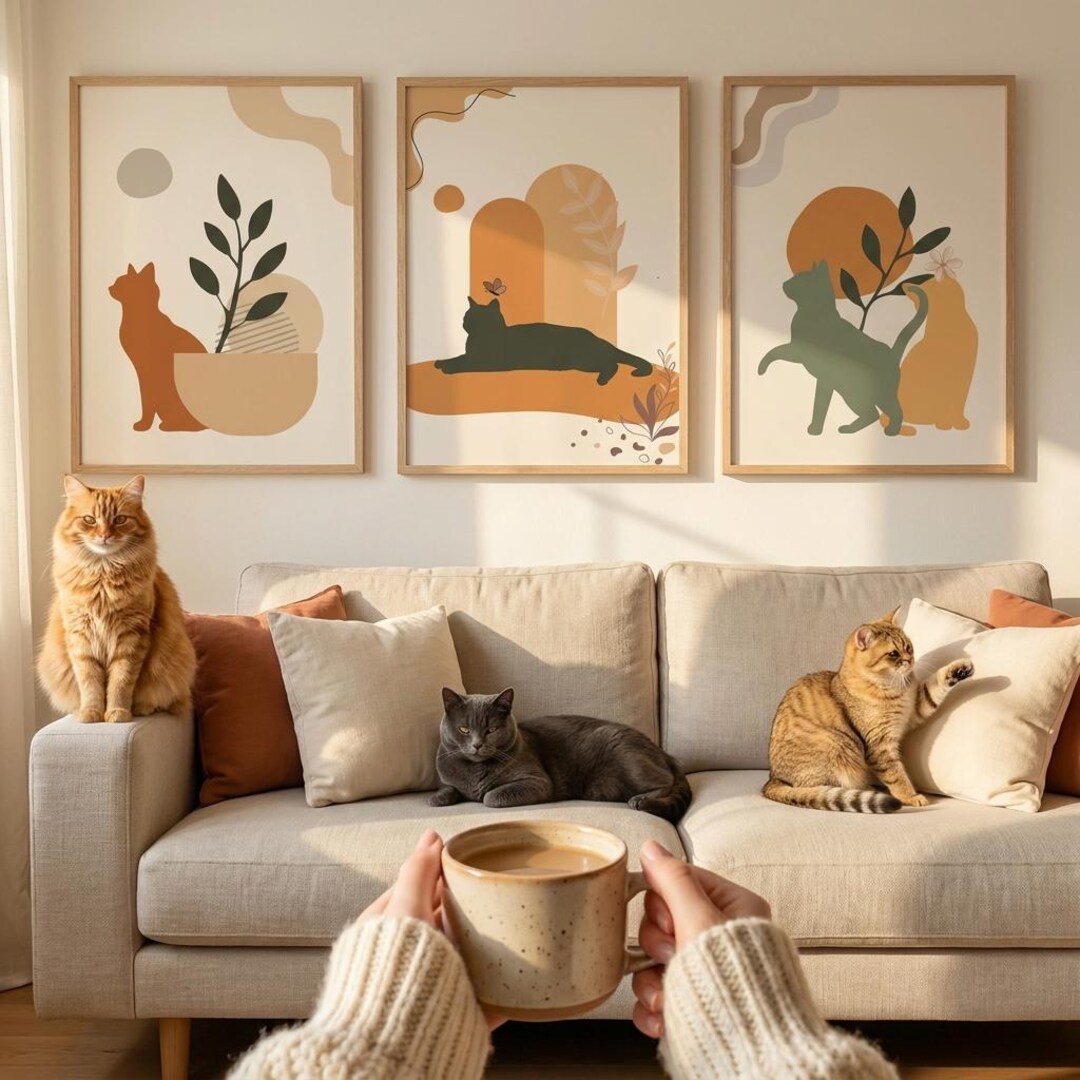Boho Cat Bundle Set of 3 | Cat Lover Botanical Wall Art (digital ...