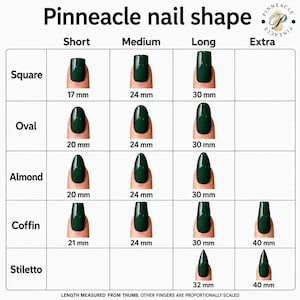 May include: A chart titled Pinneacle nail shape displaying various dark green nail shapes including square, oval, almond, coffin, and stiletto. Each shape is categorized by length from short to extra, with specific measurements in millimeters provided.