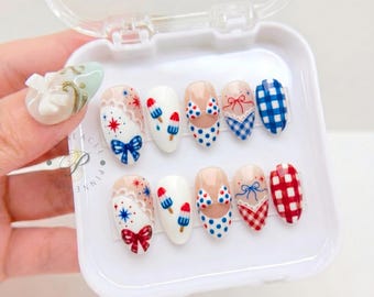 Patriotic Picnic Press On Nails, 4th of July Handmade Almond Nails, Red White Blue Summer Fake Nails, Popsicle Bow Gingham Bikini Nails