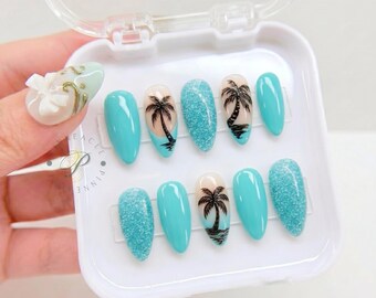 Turquoise Palm Tree Press On Nails, Tropical Beach Almond Handmade Nails, Aqua Glitter Fake Nails, Summer Vacation Glue On Nails