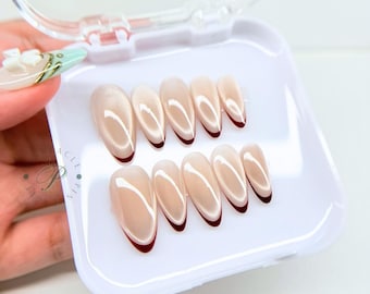 Champagne Cat Eye French Tip Press On Nails, Brown French Handmade Nails, Elegant Almond Fake Nails, Neutral Glue On Nails