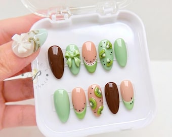 Kiwi Fruit Press On Nails, Green Almond Fake Nails, 3D Bow Kawaii Summer Nails, Cute Handmade Fruity Nails, Coquette Tropical Nail Set