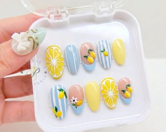 Summer Lemon Almond Press On Nails, Tropical Fruit Nails, Blue French Tip Nails, Cute Citrus Nail Set, Handmade Glossy Lemonade Nails