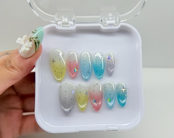 Pastel Jelly Glitter Press On Nails, Y2K Star Aura Gradient Fake Nails, Kawaii Korean Almond Nails, Handmade Cat Eye Nails for Summer