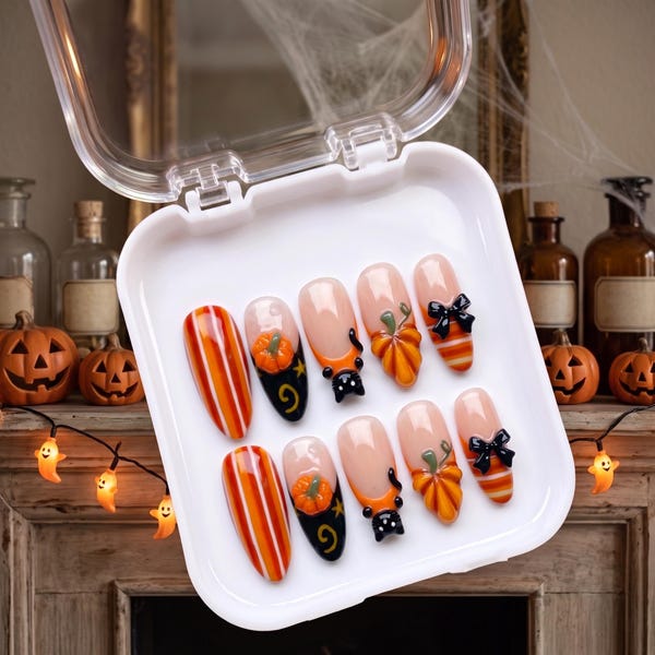 3D Pumpkin Fall Press On Nails, Black Cat Witch Handmade Nails, Orange Stripe Fake Nails, Autumn Bow Glue On Nails