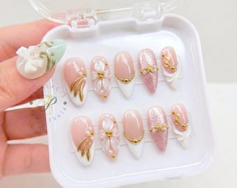 Pink Pearl Flower Press On Nails, Mermaid Beach Fake Nails, Gold Starfish Shell Nails, Luxury 3D Floral Almond Glue On Nails