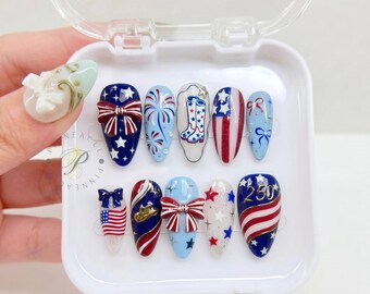 4th of July Almond Press On Nails, USA Flag Bow Handmade Nails, Cowboy Boot Fake Nails, 250 years Glue On Nails
