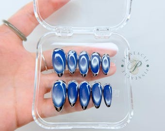 Blue Cat Eye Press On Nails, Chrome French Tip Nails, Navy Blue Almond Nails, Metallic Aura Nails, Elegant Minimalist Nail Set