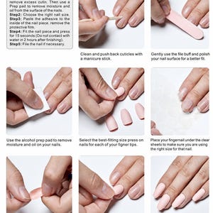 May include: An instructional infographic showing the step-by-step application process for press-on nails. It includes a text box titled HOW TO APPLY and eight panels demonstrating cuticle care, nail buffing, alcohol prep, sizing, and adhesive application.