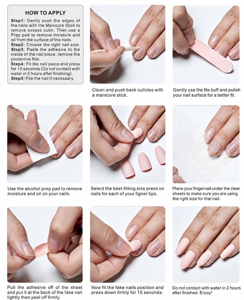 May include: An instructional infographic showing the step-by-step application process for press-on nails. It includes a text box titled HOW TO APPLY and eight panels demonstrating cuticle care, nail buffing, alcohol prep, sizing, and adhesive application.