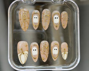 Cute Halloween Press On Nails, Ghost Spider Web Nails, White Pumpkin Nails, Halloween Fake Nails, Spooky Nails, Handmade Nails, Gift for Her