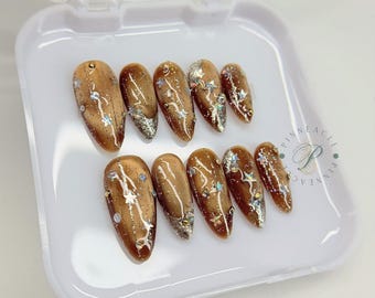 Brown Cat Eye Press On Nails, Gold Glitter Star Handmade Nails, Caramel Jelly Fake Nails, Sparkly Almond Glue On Nails