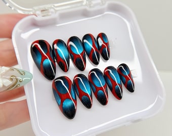 Blue Venom Press On Nails, Cat Eye Magnetic Almond Gel Nails, Red Abstract Line Art Nails, Hand-Painted Gothic Y2K Nails
