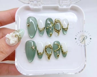 Aura Green Cat Eye Press On Nails, Gold Chrome Celestial Handmade Nails, Moon Star Fake Nails, Elegant Almond Glue On Nails