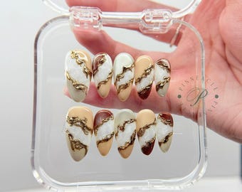 Gold Marble Press On Nails, Pearl Chrome Nails, Beige Brown Almond Nails, Luxury Abstract Nails, Elegant Neutral Nail Set